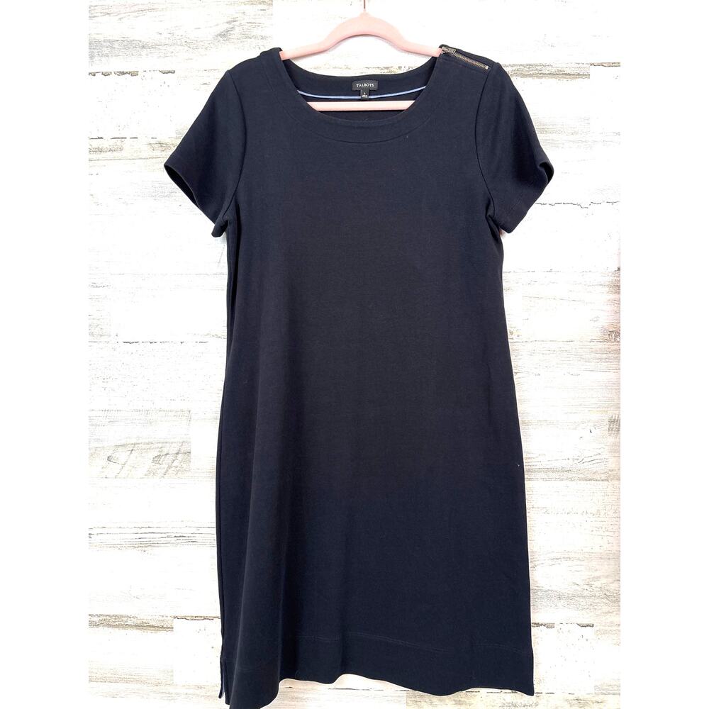 Talbots Black Shoulder Zip Knit Midi Sheath Dress Womens L Casual Chic